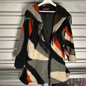 Icelandic Design Cardigan Coat Womens L Multicolor Geometric Fringe Boho Hooded